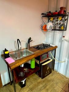 a kitchen with a sink and a stove at Cipó Container in Santana do Riacho