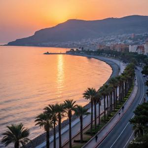 a city with palm trees and a beach at sunset at إقامة الكرنيش in Nador
