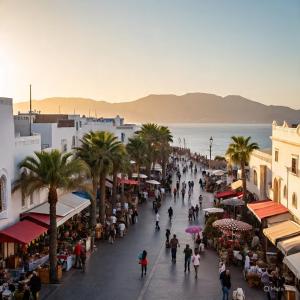 a group of people walking down a city street with palm trees at إقامة الكرنيش in Nador