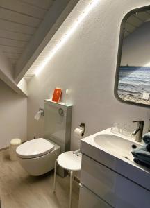 a bathroom with a toilet and a sink and a mirror at Ruhe Oase am Riesrand in Unterschneidheim +12 photos