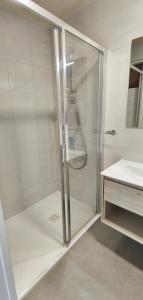 a shower with a glass door next to a sink at DANDELION Bed & Breakfast in Ribeauvillé