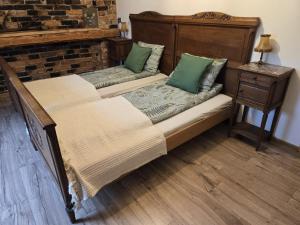 two beds in a room with green pillows at Leśna Ostoja in Goworów