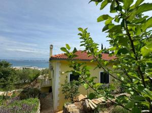 a yellow house with a view of the ocean at Family Apartment Sofija in Preko