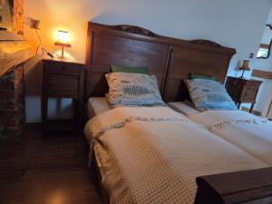 two beds sitting next to each other in a bedroom at Leśna Ostoja in Goworów