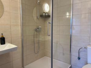 a shower with a glass door next to a sink at Penzion Vejprty in Vejprty