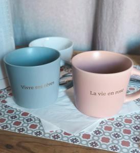 two pink and blue cups sitting on a table at Chambre la Bohème in Élancourt