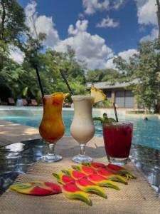 three cocktails sitting on a table next to a pool at Hotel Tré Iguazú in Puerto Iguazú