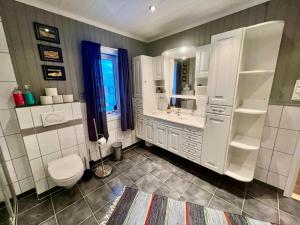 a white bathroom with a toilet and a sink at Myranhuset - Amazing View in Moskenes +41 photos