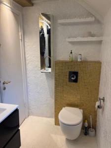 a bathroom with a white toilet and a sink at Stort byhus i Lemvig in Lemvig