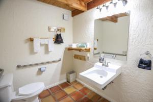 a bathroom with a sink and a toilet and a mirror at The Boulder Creek Lodge in Nederland +39 photos
