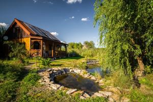 a pond in front of a house with a building at Domek Umilenia in Mrzygłód