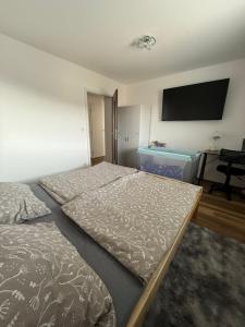 a bedroom with two beds and a flat screen tv at Apartmán u Trojáků in Pozlovice