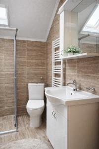 a bathroom with a toilet and a sink at Sunrise Riverside House-Private Garden, Jacuzzi & BBQ in Čelarevo +23 photos