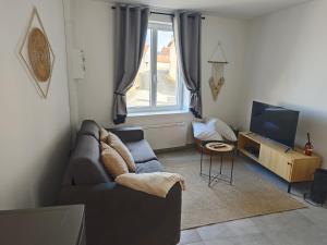 a living room with a couch and a television at Le Cocon in Sermaises