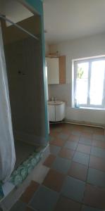 a bathroom with a shower and a tiled floor at La Grande Grange 89 in Saint-Martin-des-Champs +19 photos