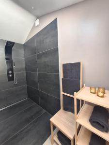 a bathroom with a shower with a black wall at Gîte des binamés in Profondeville