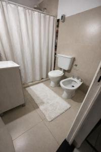a bathroom with a toilet and a shower and a sink at Departamento Palomar in Posadas