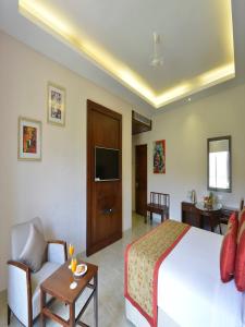 奥拉奇哈Orchha Palace and Convention Centre的一间带床、沙发和电视的卧室
