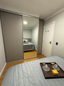 a bedroom with a bed and a large mirror at Carvalho Home in Londrina +13 photos