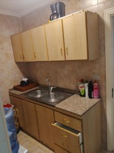 a kitchen with a sink and wooden cabinets at Kamaliyeh studio in Amman