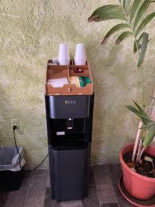 a printer sitting next to a wall with a plant at Hotel Residencial Edzná Calle 10 in Campeche