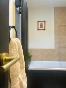a bathroom with a bath tub and a towel at Dublin City Centre Holiday Let in Dublin +16 photos
