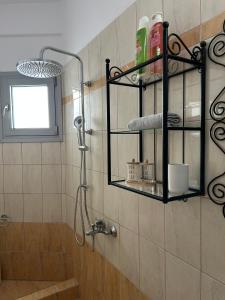 a bathroom with a shower with a shelf on the wall at The Clock House No1 in Grevena