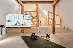 a living room with a projection screen and a yoga mat at Sali Homes- Penthouse in Obersulm