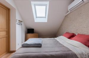 a bedroom with a bed with red pillows and a window at Gîte Le Clos Controis in Le Controis En Sologne