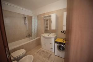 a bathroom with a toilet and a sink and a washing machine at villetta a schiera in Intra