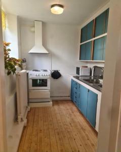 a kitchen with a white stove and blue cabinets at Nice and cosy flat in Molkom
