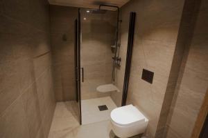 a bathroom with a toilet and a glass shower at Mountain View Apartment 201 in Stranda +11 photos