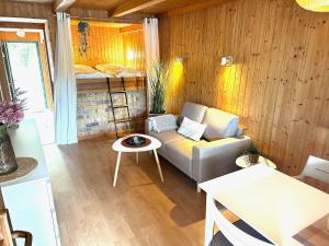 a living room with a couch and a bunk bed at Bootshaus, Mirow in Mirow +12 photos