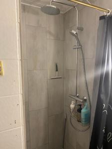 a shower with a shower head in a bathroom at Family room in centrum 300m to Lego House and walking street in Billund