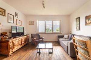 a living room with a couch and a tv at Villa Dream alla Beppa in Tenno