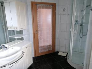 a bathroom with a sink and a shower at Die kleine Feine in Olmscheid