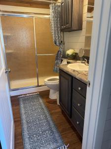 a bathroom with a shower and a toilet and a sink at Hot Tub Firepit Dreams Streamside Hochatown in Broken Bow