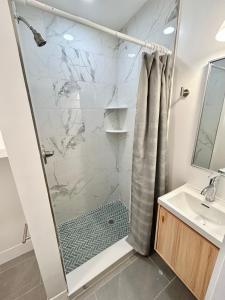 a bathroom with a shower and a sink at 241- Convenient City Stay in Hoboken