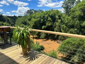 a porch with a plant on a deck at Casa Canto do Rio in Socorro