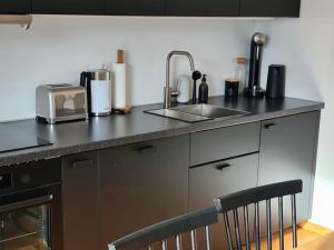 eine Küchenarbeitsplatte mit Spüle und Mikrowelle in der Unterkunft Castanea ALTA in Breiten