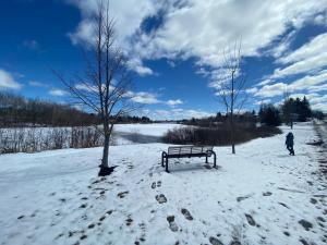 a person walking in the snow next to a bench at Private Suite Jones Lake- West Moncton in Moncton