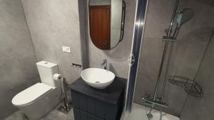 a bathroom with a toilet and a sink and a shower at Atico moderno en Langreo in Langreo +10 photos