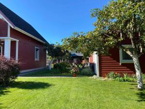 a yard next to a red house with a tree at Juka in Palanga
