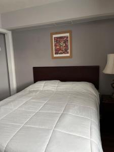 a white bed in a bedroom with a picture on the wall at Valley Suites Extended Stay Hotel in Harrisonburg