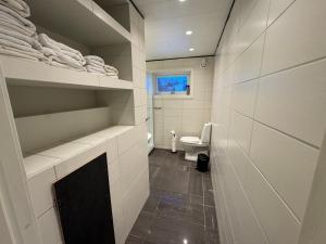 a bathroom with a toilet and a sink at Northbound Sea View Retreat in Sortland +13 photos