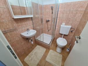a bathroom with a shower and a toilet and a sink at House Beachfront Delight in Neviđane +20 photos