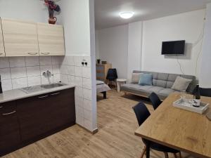 a kitchen and living room with a table and a couch at Ve dvoře in Výrovice