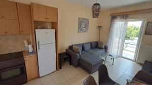 a kitchen with a couch and a refrigerator in a room at Holiday & Business Furnished Apartments in Mytikas
