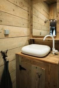 ein Badezimmer mit einem weißen Waschbecken und einem Spiegel in der Unterkunft Chalet WILD in Geel