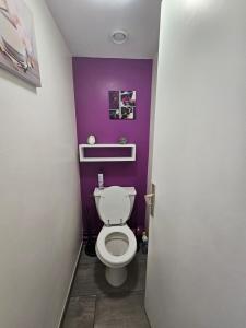 a bathroom with a toilet in a purple wall at Studio 2 étoiles proche thermes avec parking in Aix-les-Bains